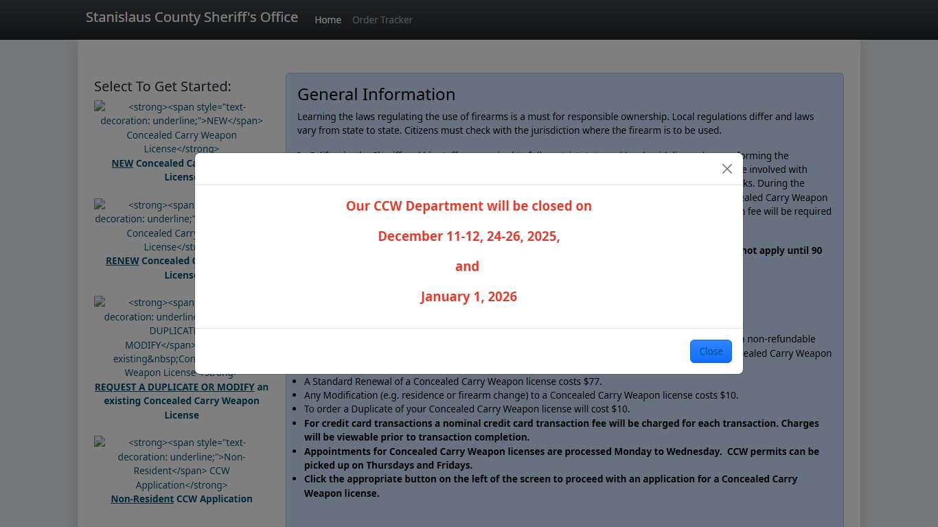 Stanislaus County Sheriff's Office Online Concealed Weapon Permit Application